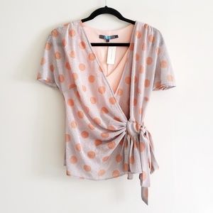 NEW Eva Franco Shimmer Polka Dot Faux Wrap Blouse
